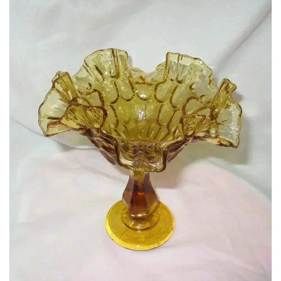 Vintage Amber Ruffle Compote Fenton Thumb print candy dish midcentury modern - Picture 5 of 5
